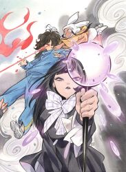  3girls animal_ears black_background black_hair black_lips black_nails black_robe blue_track_suit bow bowtie comic_cover commentary_request dark-skinned_female dark_skin earrings eyepatch floating goth_fashion gradient_background grey_background hands_on_another's_shoulder holding holding_magnifying_glass holding_staff holding_wand hood hoodie jewelry laser laser_sight long_hair looking_at_viewer looking_through_magnifying_glass magnifying_glass marvel medical_eyepatch mori_(marvel) multiple_girls nail_polish natsu_tsukishima nico_minoru official_art orange_hoodie peach_momoko plaid_bow plaid_bowtie plaid_clothes purple_bow purple_bowtie rabbit_ear_headwear rabbit_ears robe school_uniform shoes shorts signature sneakers staff striped_clothes track_suit traditional_media two-tone_track_suit ultimate_x-men_(2024) wand white_background white_bow white_bowtie white_shoes white_shorts wind x-men yellow_track_suit 