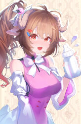  1girl :d absurdres animal_ears ardelia_(arknights) arknights arknights:_endfield baby_bottle bare_shoulders bottle bow bowtie breasts bright_pupils brown_background brown_hair chinese_commentary commentary_request curled_horns detached_sleeves drop_shadow eyjafjalla_(arknights) grey_horns hair_bow hair_ornament hairclip highres holding horns long_hair long_sleeves looking_at_viewer medium_breasts open_mouth red_eyes sheep_ears sheep_girl sheep_horns smile solo upper_body white_bow white_bowtie white_pupils white_sleeves yiqi 