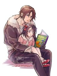 1boy 1girl aged_down belt black_gloves black_hair black_jacket black_pants blush book brown_belt brown_hair child commentary_request cropped_jacket dress final_fantasy final_fantasy_viii frilled_socks frills fur-trimmed_jacket fur_trim gloves hair_between_eyes hair_ribbon half_updo holding holding_book jacket jewelry light_blush long_hair multiple_belts necklace pants parted_bangs parted_lips pink_jacket red_ribbon red_shoes ribbon rinoa_heartilly sayaendou0426 scar scar_on_face scar_on_forehead shirt shoes short_hair sitting sitting_on_lap sitting_on_person socks squall_leonhart thigh_belt thigh_strap twintails twitter_username white_background white_dress white_shirt white_socks 