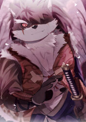  1boy bare_tree closed_mouth commentary_request fang furry furry_male hair_over_one_eye highres japanese_clothes looking_at_viewer male_focus outdoors pawpads red_eyes shino_(housamo) short_hair solo sword tokyo_afterschool_summoners tree weapon wolf_boy yano_(zri_088) 