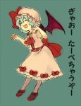  blue_hair closed_eyes dress fang gao hat meeko open_mouth remilia_scarlet simple_background solo touhou translated translation_request wings 