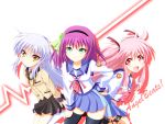  3girls angel_beats! black_thighhighs blazer blue_hair green_eyes grin hair_ribbon hairband hand_on_hip kaleido_yuki multiple_girls pink_hair pleated_skirt purple_hair red_eyes ribbon school_uniform skirt smile tachibana_kanade thigh-highs thigh_strap yellow_eyes yui_(angel_beats!) yuri_(angel_beats!) zettai_ryouiki 