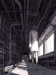  from_behind from_below hallway highres hood iwai_ryo iwai_ryou machine monochrome sunlight walking 