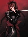  braid brown_hair eyepatch fingerless_gloves gloves heart heart_eyepatch highres iwai_ryo iwai_ryou jubei-chan katana long_hair nanohana_jiyuu ninja red_eyes sword twin_braids weapon 