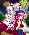  animal_ears bow chyaramu fujiwara_no_mokou hair_bow hair_ribbon highres long_hair multiple_girls mystia_lorelei okamisty pants pink_hair red_eyes ribbon short_hair silver_hair suspenders touhou wings 