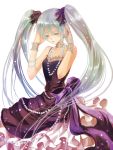  aqua_eyes aqua_hair bad_id bow choker dress formal gloves hatsune_miku jewelry long_hair nashi_(pixiv677235) necklace simple_background solo twintails very_long_hair vocaloid 