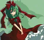  blush bow front_ponytail green_eyes green_hair hair_bow kagiyama_hina kita_(caramel) long_hair solo touhou 