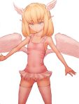  blonde_hair flat_chest head_wings humio long_hair pink_eyes pink_legwear pink_thighhighs simple_background solo thigh-highs thighhighs wings young 
