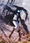  arm_cannon baraen bikini_top black_hair black_rock_shooter black_rock_shooter_(character) blue_eyes boots chain checkered gloves glowing glowing_eyes highres jacket long_hair navel shorts solo twintails very_long_hair weapon 