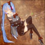  1girl blue_hair boots bow character_name closed_eyes copyright_name dated detached_sleeves hair_bow hatsune_miku headphones long_hair memayuta skirt smile solo thigh_boots thighhighs twintails very_long_hair vocaloid 