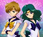  aqua_background bishoujo_senshi_sailor_moon blonde_hair blue_eyes choker gloves gradient gradient_background green_eyes green_hair hamutarou kaiou_michiru long_hair magical_girl meiou_setsuna multiple_girls outer_senshi pink_background sailor_neptune sailor_senshi sailor_uranus short_hair ten&#039;ou_haruka ten'ou_haruka 