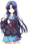  blue_eyes blue_hair cardigan knife long_hair nagami_yuu school_uniform suzumiya_haruhi_no_yuuutsu 