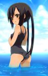  brown_eyes cloud clouds k-on! looking_back nakano_azusa ocean one-piece_swimsuit open_mouth school_swimsuit sky sora_to_umi swimsuit twintails 