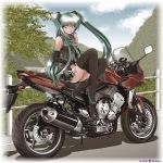  boots detached_sleeves green_hair hatsune_miku legs maki_michaux miniskirt motor_vehicle motorcycle necktie pleated_skirt railing sitting skirt solo thigh-highs thigh_boots thighhighs twintails vehicle vocaloid zettai_ryouiki 