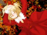  bad_id blonde_hair breasts cleavage dress fukamineyumia hair_ornament large_breasts leaf lying mirei_yumia open_dress solo touhou yellow_eyes 