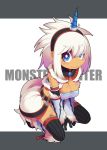  breasts cleavage hairband horn horns kirin kirin_(armor) kneeling monster_hunter mzh solo tan thighhighs white_hair 