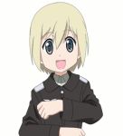  animated animated_gif blonde_hair blue_eyes closed_eyes dancing erica_hartmann gif hidamari_sketch open_mouth parody short_hair simple_background smile strike_witches uniform 