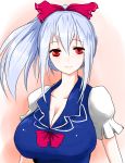  alternate_hairstyle blush bow breasts bust cleavage hair_bow han_(jackpot) huge_breasts impossible_clothes impossible_shirt kamishirasawa_keine looking_at_viewer no_hat no_headwear ponytail red_eyes short_sleeves silver_hair smile solo touhou v-neck 