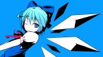  blue blue_background blue_eyes blue_hair bow cirno dise hair_bow highres looking_at_viewer short_sleeves simple_background smile solo touhou wings wink 