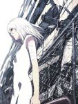  chainlink_fence fence highres iwai_ryo iwai_ryou long_hair original purple_hair ruins solo white_hair 