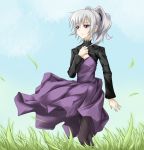  dress grass hand_on_own_chest hand_to_chest keikotsu pantyhose ponytail purple_eyes silver_hair solo violet_eyes wind yin 