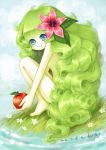  blue_eyes blush flower food fruit green_hair hair_flower hair_ornament holding holding_fruit long_hair nude personification pokemon sanmi_tenten shaymin smile 