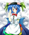  alternate_hairstyle blue_hair blush bowtie breasts dress hat hinanawi_tenshi large_bow nanase_shouta peach red_eyes short_hair standing sweatdrop touhou 