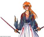  blood himura_kenshin japanese_clothes katana long_hair male ponytail rurouni_kenshin samurai sarashi screaming simple_background sword weapon 