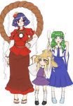 blue_eyes detached_sleeves eyes frog green_hair hair_ornament hat highres jon_henry_nam kochiya_sanae long_hair long_skirt moriya_suwako multiple_girls purple_hair red_eyes short_hair skirt snake touhou yasaka_kanako yellow_eyes