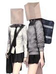  backpack bag bag_on_head highres iwai_ryo iwai_ryou multiple_girls necktie original paper_bag school_uniform skirt sleeves_pushed_up 