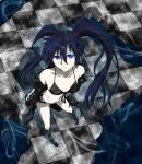  bikini_top black_hair black_rock_shooter black_rock_shooter_(character) blue_eyes boots checkered checkered_floor from_above highres jacket looking_up navel pale_skin scar shorts solo twintails watarui 