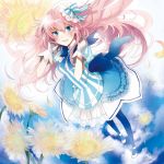  blue_eyes blush flower from_above gloves hair_ribbon kaedena_akino long_hair megurine_luka petals pink_hair project_diva project_diva_2nd ribbon solo victorian vocaloid 