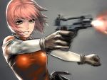  foreshortening gloves gradient grey gun handgun iwai_ryo iwai_ryou mezzo_danger_service_agency mezzo_forte motion_blur pink_hair pistol recoil short_hair solo suzuki_mikura sweat weapon yellow_eyes 