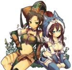 animal_hat boots braid breasts brown_hair character_request cleavage earrings elbow_gloves flower fur_collar gloves green_eyes hat hua_man jewelry ju-zika midriff multiple_girls necklace sangokushi_taisen sitting thigh-highs thigh_boots thighhighs zhu_rong 