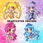  blue_dress chibi cure_blossom cure_marine cure_moonlight cure_sunshine dress flower_tact futari_wa_precure hanasaki_tsubomi heartcatch_precure! katsuma_rei kurumi_erika magical_girl multiple_girls myoudouin_itsuki orange_dress pink_dress precure purple_dress star starry_background thighhighs tsukikage_yuri 