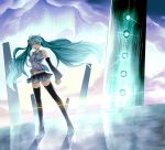  aqua_hair boots detached_sleeves hatsune_miku highres legs open_mouth rby_(artist) shikihara_mitabi solo thigh_boots thighhighs twintails vocaloid 
