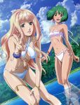  absurdres beach bikini bracelet highres jewelry leaning_forward macross macross_frontier multiple_girls ranka_lee scrunchie sheryl_nome single_earring swimsuit thighlet v 