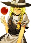  bad_apple!! blonde_hair bow braid food fruit grin hair_bow hat highres kirisame_marisa rby_(artist) shikihara_mitabi smile touhou wink witch_hat yellow_eyes 