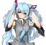  :&lt; arms_up blue_eyes blue_hair detached_sleeves hands_on_headphones hatsune_miku headphones headset long_hair necktie sakuragi_ren solo twintails very_long_hair vocaloid 