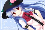  bowtie dress dutch_angle etou_(cherry7) food fruit hat hinanawi_tenshi long_hair peach red_eyes touhou wallpaper 