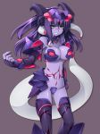  cleavage elbow_gloves fingerless_gloves gloves green_eyes horns katami_shinta long_hair monster_girl navel original purple_hair purple_skin solo thigh-highs thighhighs villain 