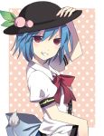  alternate_hairstyle blue_hair blush bowtie dress food fruit grin hand_on_hat hat hinanawi_tenshi peach red_eyes short_hair side smile standing sword_of_hisou touhou uiru 