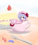  cake candy cup food fork fruit girl_in_a_cup hat in_container in_cup in_food minigirl red_eyes remilia_scarlet smile solo strawberry teacup touhou trasenjp 