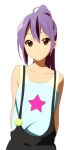  alternate_hairstyle bad_id brown_eyes collarbone k-on! kuresu_(alice-pma) nakano_azusa overalls ponytail purple_hair sleeveless star tank_top 