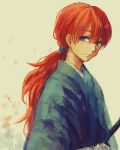  androgynous faux_traditional_media himura_kenshin japanese_clothes katana kimono long_hair looking_at_viewer lowres male orange_hair ouru109 pale_color ponytail red_hair redhead rurouni_kenshin samurai solo sword weapon young 