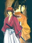  bow himura_kenshin kamiya_kaoru katana male ponytail profile rurouni_kenshin samurai scarf sword weapon 