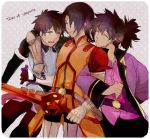  armor bad_id black_hair damuron_atomaisu gloves green_eyes grey_background koku_666 long_hair male multiple_boys multiple_persona polka_dot polka_dot_background ponytail raven schwann_oltorain spoilers surcoat sword tales_of_(series) tales_of_vesperia title_drop uniform weapon 