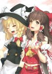  arm_grab arm_holding blonde_hair bow braid brown_eyes brown_hair buttons detached_sleeves friends hair_bow hakurei_reimu hat kirisame_marisa kunieda multiple_girls touhou witch_hat 