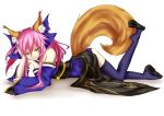  animal_ears bad_id breasts caster_(fate/extra) cheungchz clog_sandals fate/extra fate/stay_night fate_(series) fox_ears fox_tail geta hair_ribbon highres japanese_clothes long_hair pink_hair ribbon sandals shoe_dangle simple_background solo tail thigh-highs thighhighs twintails yellow_eyes 
