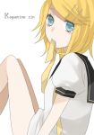  blonde_hair hair_ornament hairclip kagamine_rin kiri_(lwp01_lav) mouth_hold ribbon_in_mouth short_hair simple_background sitting solo vocaloid 